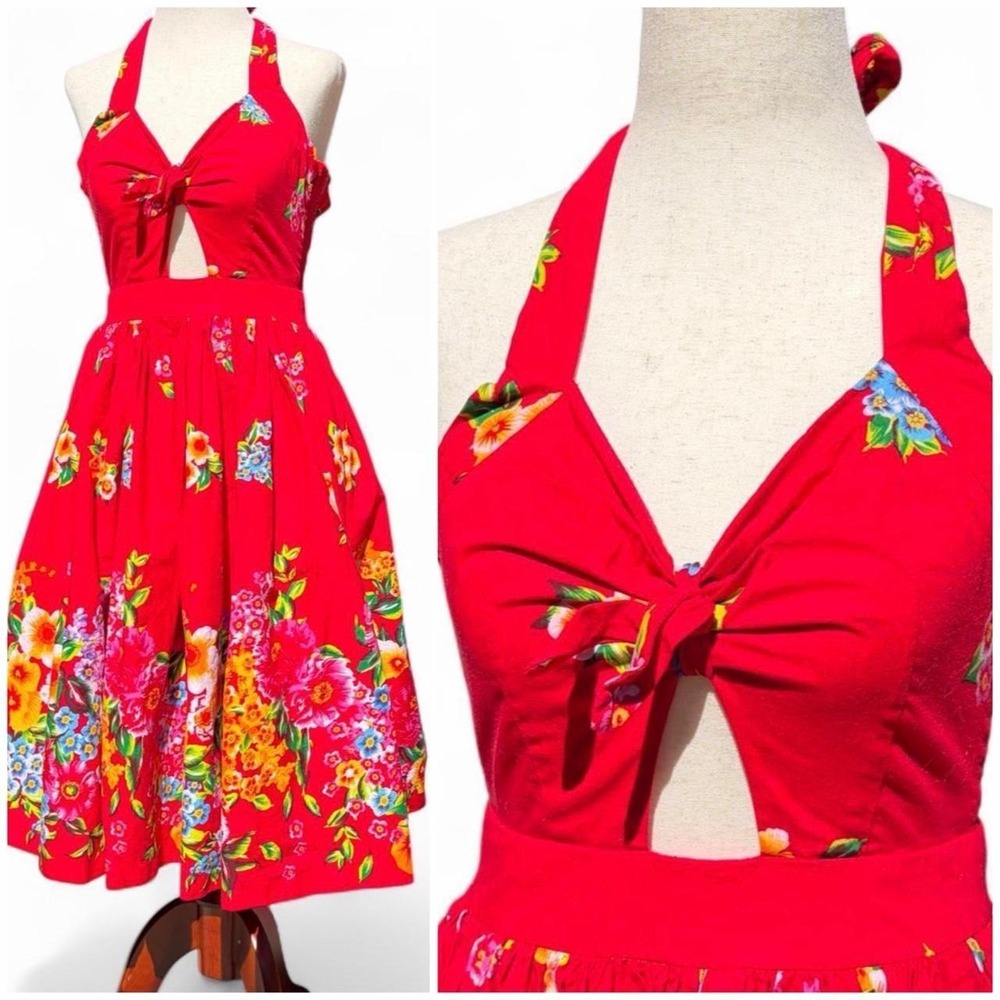 Hearts and Found 50s style red floral halter dress